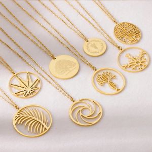 The Tree of Life Necklace for Women 14k Yellow Gold Round Pendant Golden Color Necklaces Female 2024 Vintage Jewelry Accessories