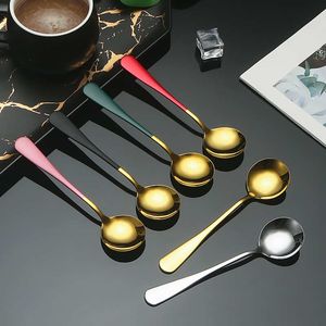 Round Stainless Steel Spoon Gold Metal Breakfast Soup Tableware 158mm Barware Kitchen Tools Dessert Milk Tea Watermelon Ice Cream Coffee Drinking Filter Flatware