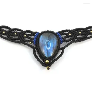 Hänge halsband naturliga labradorite original stenvatten droppe handgjorda tråd rep lindade flätad makramkedja halsband kvinnor flicka