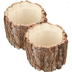 Vaser 2 datorer Bark Fountain Wood Flower Pot Rustic Vase Log Container Wood Farmhouse Bucket Creative Planter