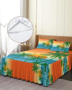 Yatak etek hindistan cevizi ağacı gün batımı martı kuş deniz suyu takılmış yatak örtüsü ile yastık kamışları kapak yatak set sayfası