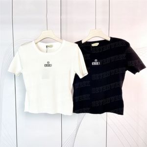 Klassische Stickerei-Buchstaben-T-Shirts, Strick-T-Shirts für Damen, abgeschnittene Tops, modisches Kurzarm-Pullover-Top