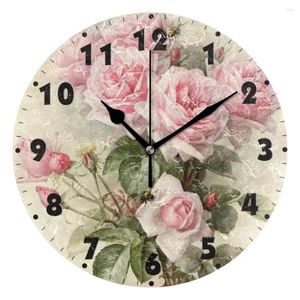 Настенные часы, винтажные бесшумные часы с цветочным принтом, круглые 25 см, кухонные шикарные розовые розы, тихий стол для гостиной
