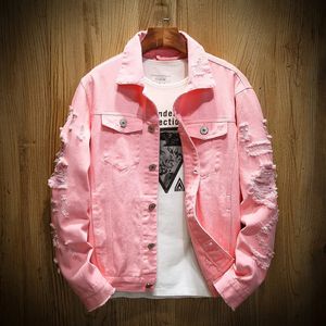 Jaqueta jeans homens rasgados buracos homens rosa jean jaquetas vestuário lavado casaco roupas de grife 231228