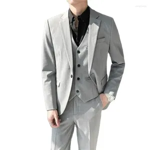 Men's Suits Lansboter Gray Men Suit 3 Pieces Solid Color Slim Fitting For Business Leisure Commercial Wedding Dresses Jacket Vest With Pants