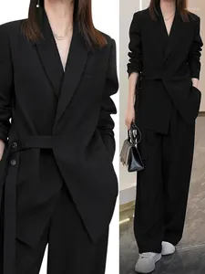 Women's Two Piece Pants Office Lady Blazer Belt Pant Suits Pantsuit Korean Version Notched Baggy Autumn Elegant Euality Chic Women Outfit