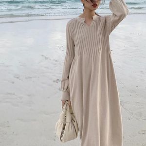 Elbise Lamtrip Benzersiz En İyi Kalite 2021 Sonbahar Kış Retro Fransız Kız Şık Örgü Vneck Uzun Kollu Temel Elbise Mori Kız