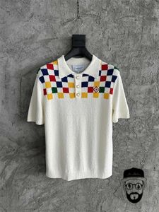 Fashion Casablanca Colorful Plaid Sweater Polo Shirt 100 Cotton Fabric Pearl Button Men s T shirt 231228