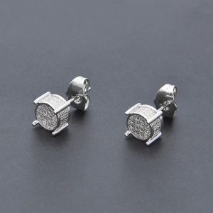 Hip Hop Iced Out Silver Lab Diamond Screw Back Stud Earring 3d Round Side CZ Simulated Jewelry239y