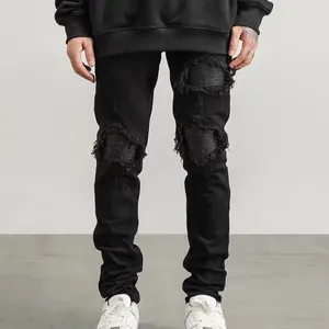 Herr jeans lapp hål små fötter för män hip hop mode high street denim staplade byxor svarta arbetskläder rippade byxor