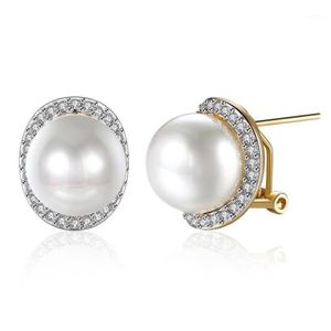 Stud Wedding Jewellry White Cubic Zirconia Pearl Earrings Gold Overlay For Women Fashion Jewelry E209612583