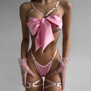 New hot sexy underwear delicate bow hollow sexy three-piece set with steel ring L231229