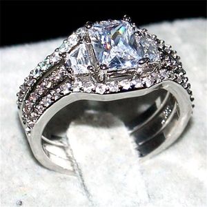 Fashion 10KT White gold filled square shape diamond CZ gemstone Rings sets 3-in-1 Jewelry Cocktail wedding Band Ring finger For Wo288g