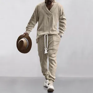 Tute da uomo Maglieria casual Pullover con scollo a V Set di pantaloni Autunno Inverno Felpe con cappuccio Pantaloni sportivi con coulisse Uomo 2 pezzi Abiti