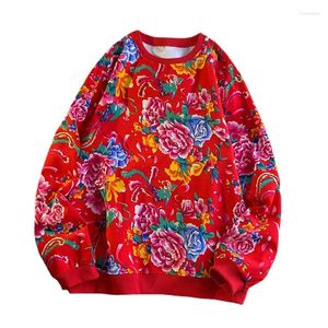 Hoodies masculinos casal redondo harajuku hiphop pescoço de manga comprida jaquetas uniforme grande tamanho streetwear estilo chinês nordeste roupas florais