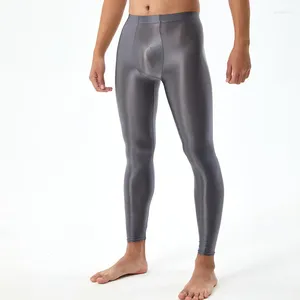 Calças masculinas sedosas suaves sexy musculação leggings apertadas u convexo brilhante plus size brilhante yoga ginásio casual