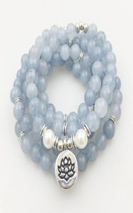 SN1205 Design Damen 8 mm blauer Stein 108 Mala Perlen Armband oder Halskette Lotus Charm Yoga Armband7692257