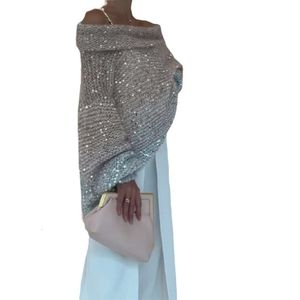 Jumper Designer Mulheres novas lantejoulas de cor sólida Uma palavra largura de ombro suéter lento para mulheres roupas de moda 1228