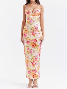 Casual Dresses Ahagaga Fashionable Elegant Slim Fit Looking Print Long Dress Fashion Low Cut Sexy Back Slit Sling