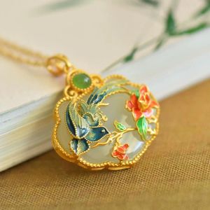 Natural Stone Lock of Good Wishes 14k Yellow Gold Necklace Light Luxury Minority Ancient High-End New Chinese Style Xi Top