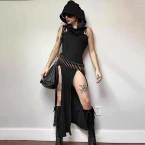 Casual Dresses Hooded Waist Sexy High Split Backless Slim Dress Gothic Style
