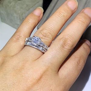 Vintage biżuteria pierścienie para 925 Sterling Silver Princess Cut White Topaz CZ Diamond Stones Party Women Wedding Bridal Ring Set233i