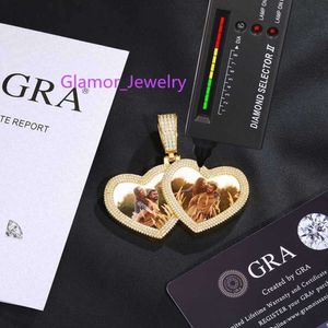 Incastonatura diamantePass Diamond Tester Ciondolo con foto personalizzato a doppio cuore Moissanite Collana con memoria di immagini personalizzate in argento sterling 925 con pietre preziose da laboratorio