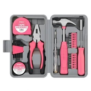 Conjunto de ferramentas manuais 24 em 1 para reparo doméstico multifuncional, alicate, fita métrica, chave de fenda, chave de fenda, hardware rosa com caixa de ferramentas 231228
