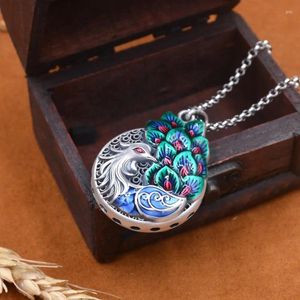 Pendants Natural S999 Sterling Silver Phoenix Pendans Necklace Ethnic Vintage Enamel Hollow Paintings Bohemia Sweater Chain