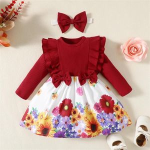 Mädchenkleider für 0–24 Monate geborene Babys, Prinzessinnenkleid, Blumenmuster, Herbst-Winter, gerippt, lange Ärmel mit Schleifen-Stirnbändern