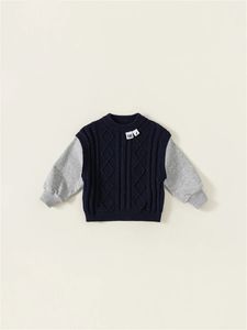 Camisola azul marinho do menino outono inverno crianças casual lã splice pulôver tendência solto ajuste confortável tecido topo 231228