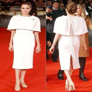 Angelina Jolie Etuikleid, knielanges Ballkleid mit Cape, Juwelenausschnitt, Rückenschlitzen, Promi-Kleider für den roten Teppich, kurzer formeller Abend, G1272006