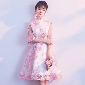 Roupas étnicas Rosa Mini Qipao Lace Bordado Tradição Chinesa Casamento Cheongsam Modern Robe Chinoise Qi Pao Vintage Vestidos Orientais