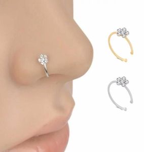 Small Thin 5 Clear Crystals Flower Charm Nose Silver Hoop Stud Ring Jewelry CNE Fast for 4531100