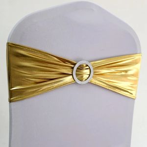 10pcs50st Metallic Gold Silver Stretch Spandex Chair Sash Band Elastic Wedding Stolar Bow Tie för El Bankettdekoration 231228