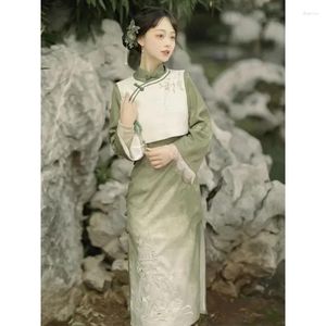 Etnik Giyim Sonbahar Zarif Yeşil Stand Yakası Uzun Kollu Yan Slit Cheongsam Elbise Yelek Kadın Ulusal Tarz Parti Elbiseleri Qipao