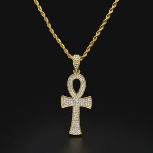 Egipski Ankh Key of Life of Life of Gold Plated Cross Cross Cross Naszyjnik Urok Full Rhinestone Luksusowy krzyż biżuteria