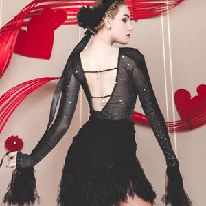 Сценическая одежда, черный осенне-зимний костюм для продвинутых латинских танцев, сетчатое платье с длинными рукавами и красивой спиной, пуховый подол, профессиональная практика