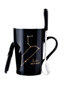 Ceramic Mugs 12 Constellations Creative Mugs With Spoon Lid Black Mug Porcelain Zodiac Milk Coffee Cup Drinkware Couples Gift 231228