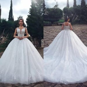 Stunningbride 2024 Luxurious Crystal Wedding Dresses With Beads Sheer Illusion Spaghetti Neck Sleeveless Long Arabic Bridal Ball Gowns