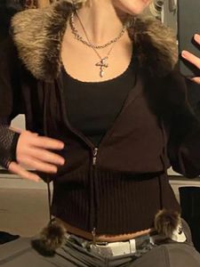 Y2K гранж меховые вязаные куртки с двойной молнией винтажное укороченное пальто женское Harajuku эстетические милые шикарные джемперы корейские наряды 231228