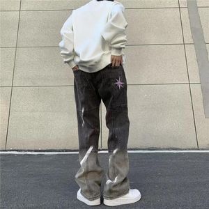 Mäns jeans high street hiphop hip-hop arbete raka byxor svart grå gradient fläckig streetwear pantalon homme