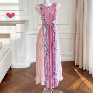 Casual Dresses Runway Designer Elegant Ruffles Chiffon Summer Dress Women 2023 Bohemian Patchwork ärmlös Long Boho -kläder