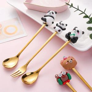 Servis uppsättningar Childrens Doll Spoon Fork Tabell Provse Animal Fruit Dessert Milk Ice Cream Spoons Rostfritt stål Lovely Creative