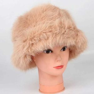 Winter Fluffy Faux Fur Bucket Hats for Women Warm Plush Fashion Panama Casual Ladies Fisherman Cap Black Bomber Hat 230920