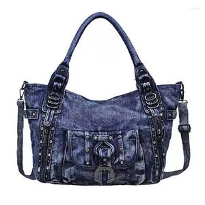 Evening Bags Retro Washed Denim Women Shoulder Bag Jeans Purses And Handbag With Rivet Ring Casual Tote Hobo