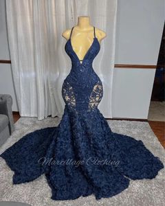 Navy Blue Mermaid Evening Formal Dresses Sexy Black Girl Applique Lace Rose Bottom Sheer Mesh Prom Gown Robes De Bal