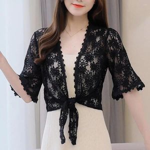 Women's Blouses Women Half Sleeve Top Lightweight Shirt Stylish Lace Embroidery Cardigan Horn Shawl Short Type A Solid Color