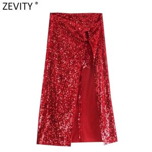 Sukienki Zevity Fashion Mase Red Asymetryczne cekinowe asymetryczne midi spódnicę Faldas Majer Lady Chic Side Zipper Split Velvet Vestido Qun946