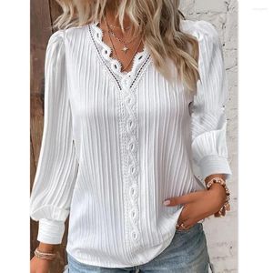 Kvinnors blusar hösten långärmad v-ringning spets tops skjorta kvinnor avslappnad vit chiffong bluskontor blusas femininas elegantes estilo